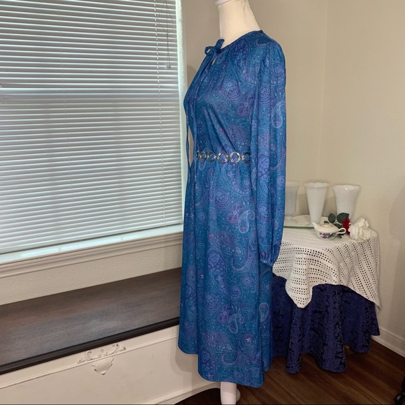 Vintage 70s Three R's Blue Polyester Paisley Dress - Picture 4 of 14